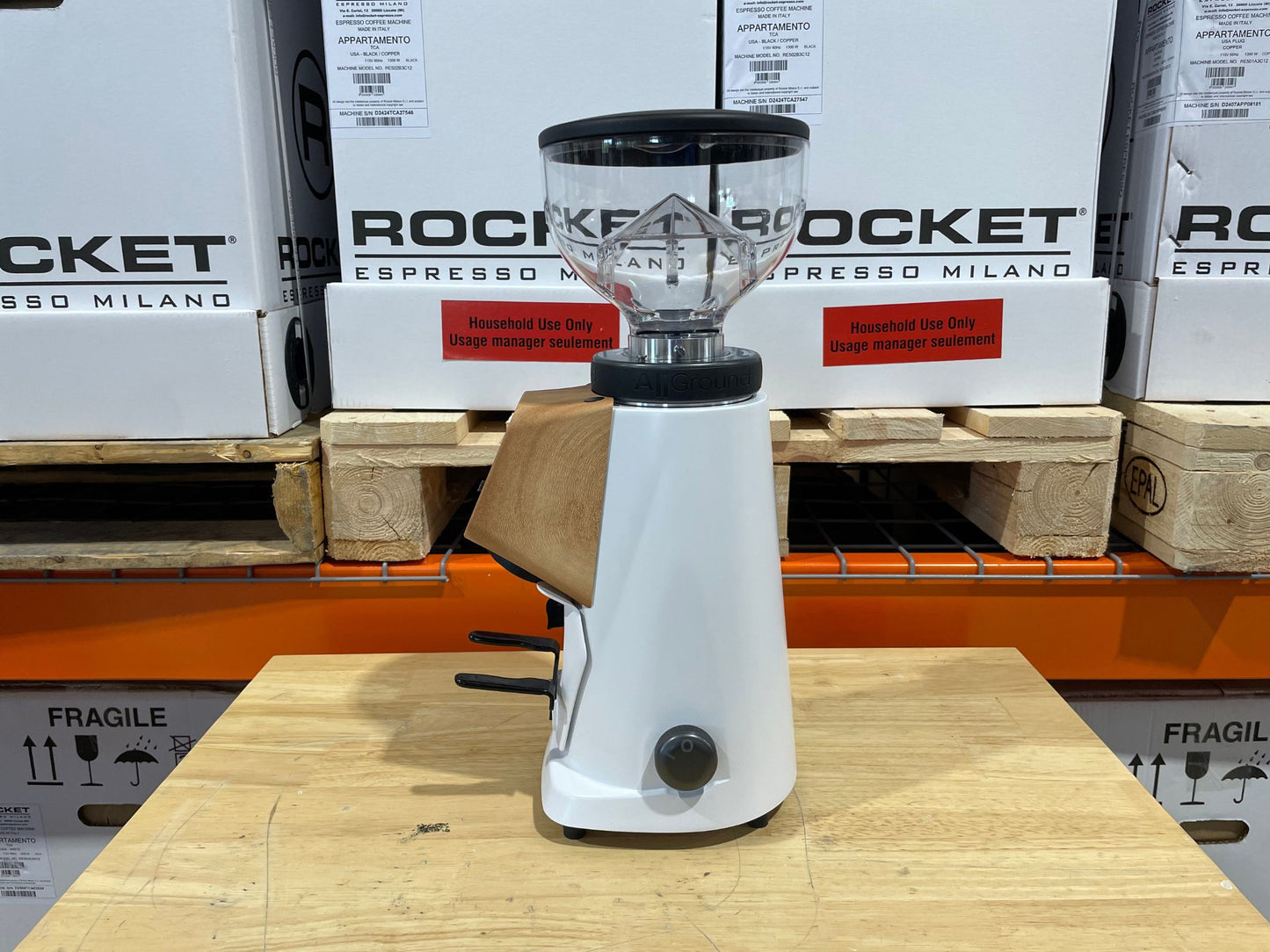 Fiorenzato All Ground 64mm White & Walnut - Demo Home Espresso Grinder | Pro Coffee Gear