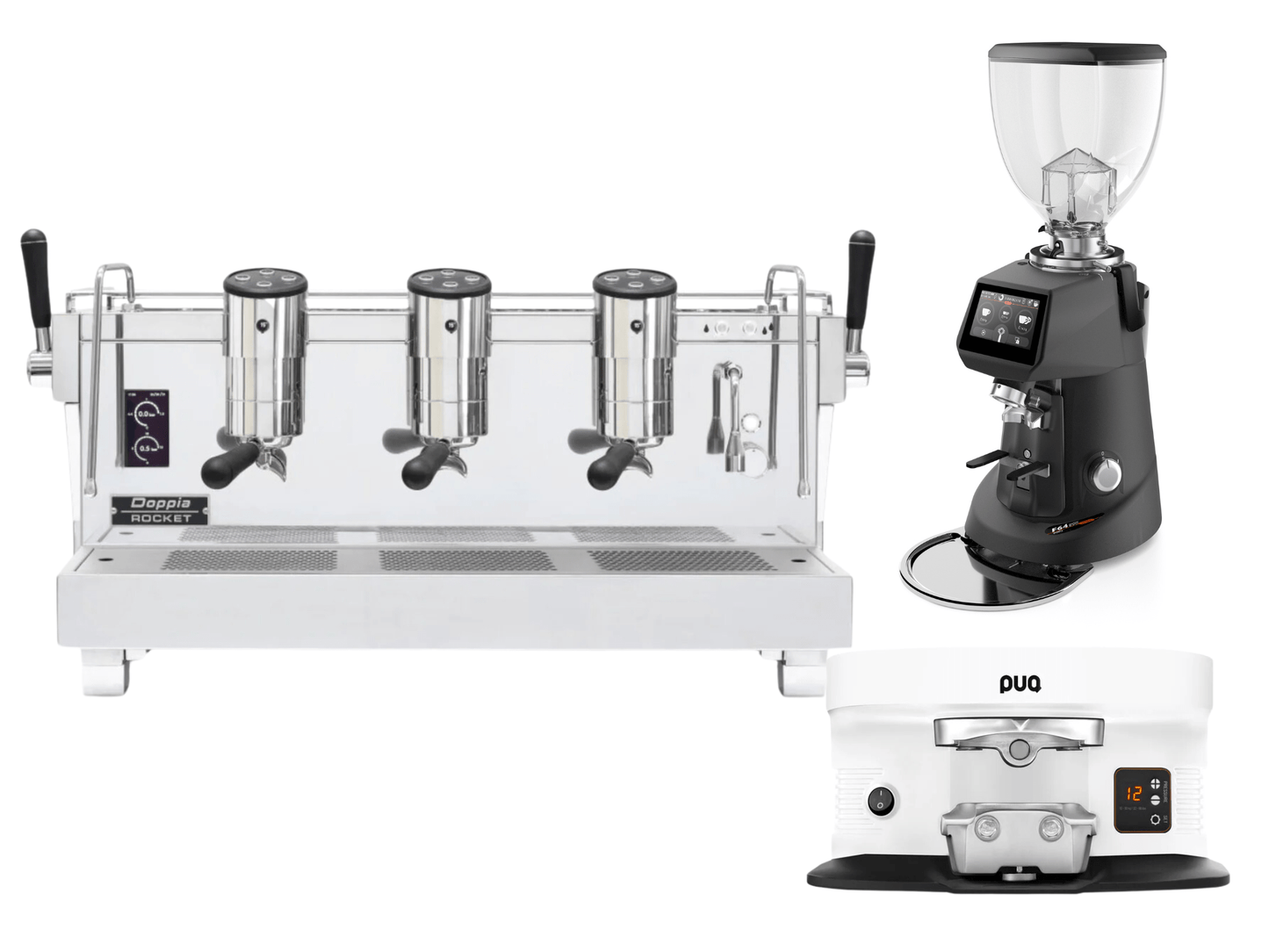 Rocket RE Doppia Espresso Machine + Fiorenzato F64 Evo Pro + PUQ M4 Bundle - Pro Coffee Gear