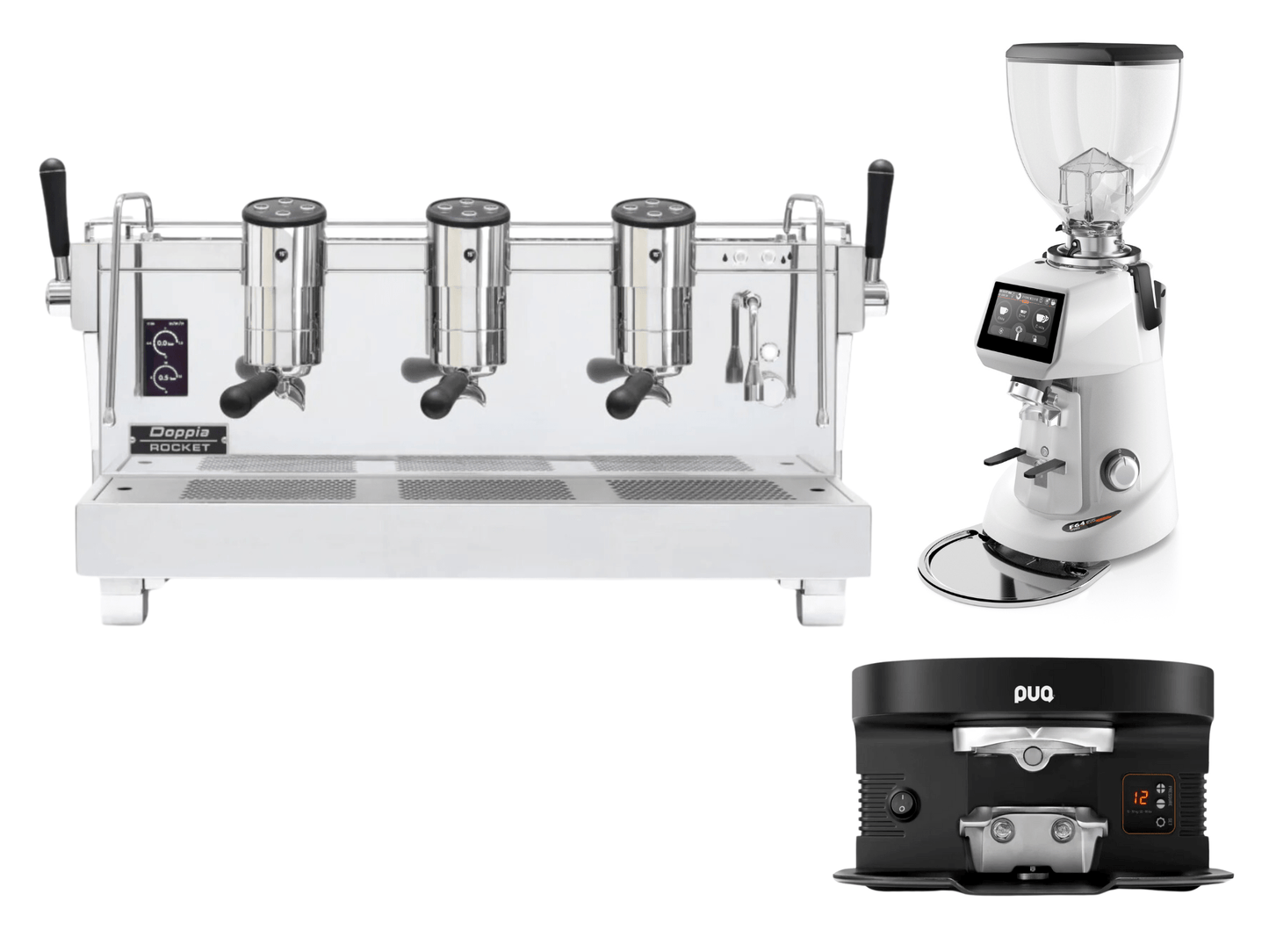 Rocket RE Doppia Espresso Machine + Fiorenzato F64 Evo Pro + PUQ M4 Bundle - Pro Coffee Gear