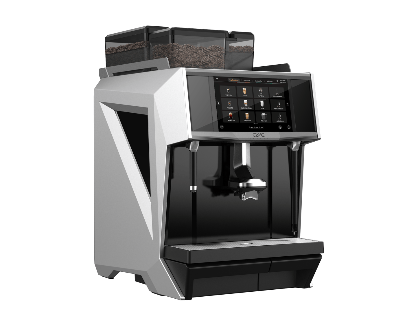CAYE Smart X 1.5 Step 3-Hopper Super Automatic Espresso Machine, Silver, front angled view